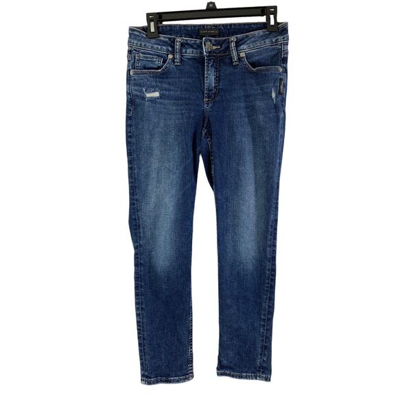 Silver Jeans Womens Size 27 Skinny Distress Faded‎ Dark Wash Low Rise Stretch - Picture 1 of 10